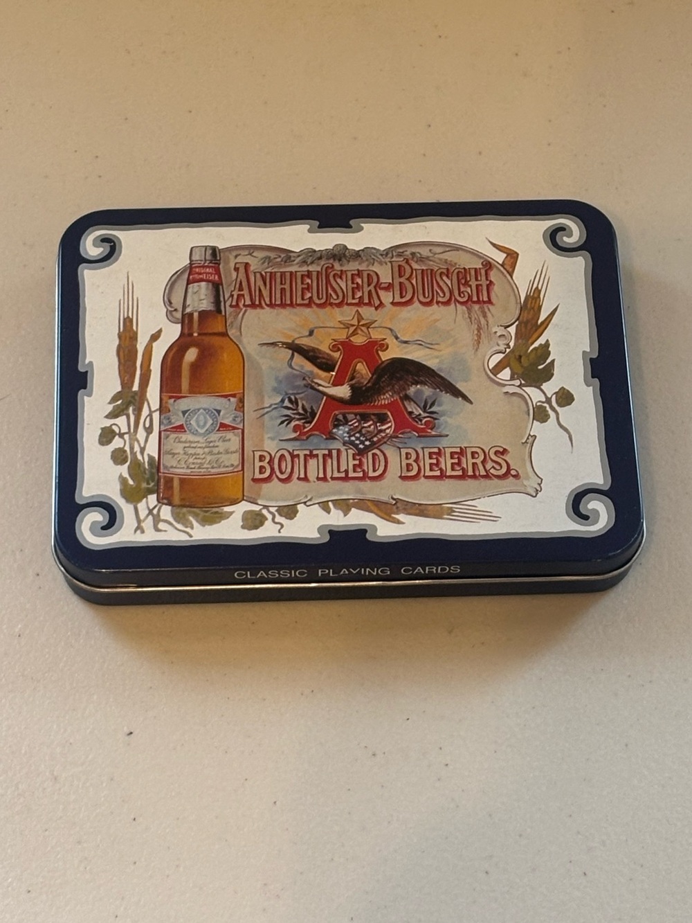 1988 Anheuser-Busch Bottled Beers Tin Playing Card Set - Navy & Cream